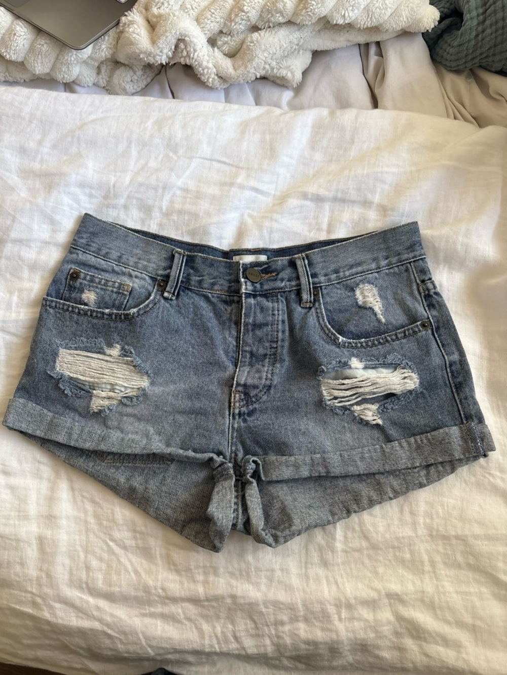 Amuse Society Light Blue Distressed Rolled Hem Jean Shorts